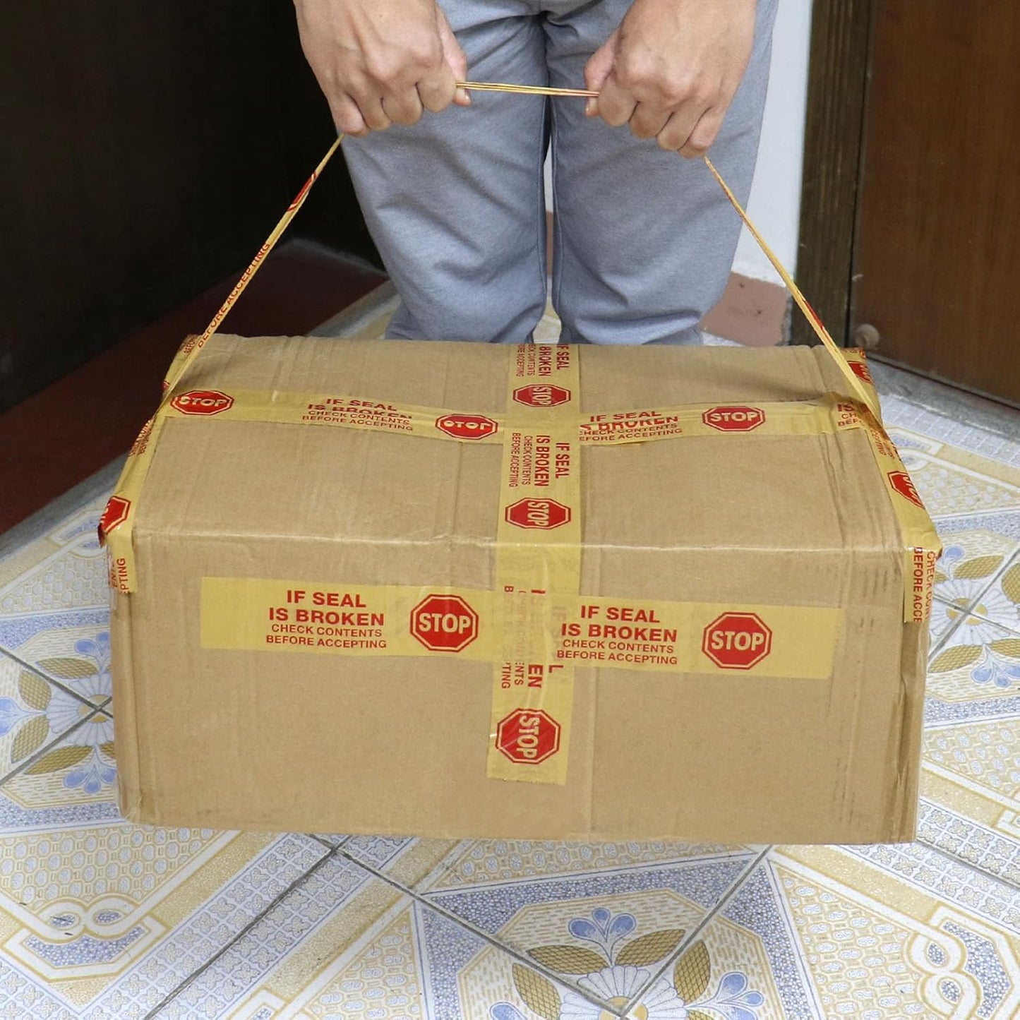 Stop Sign Sealing Tape Pre-Printed IF Seal is Broken,Check Contents Before Accepting,Heavy Duty Packing Tape with Dispenser 2 Inch x 110 Yards,Packaging Tape for Moving and Shipping (Brown)