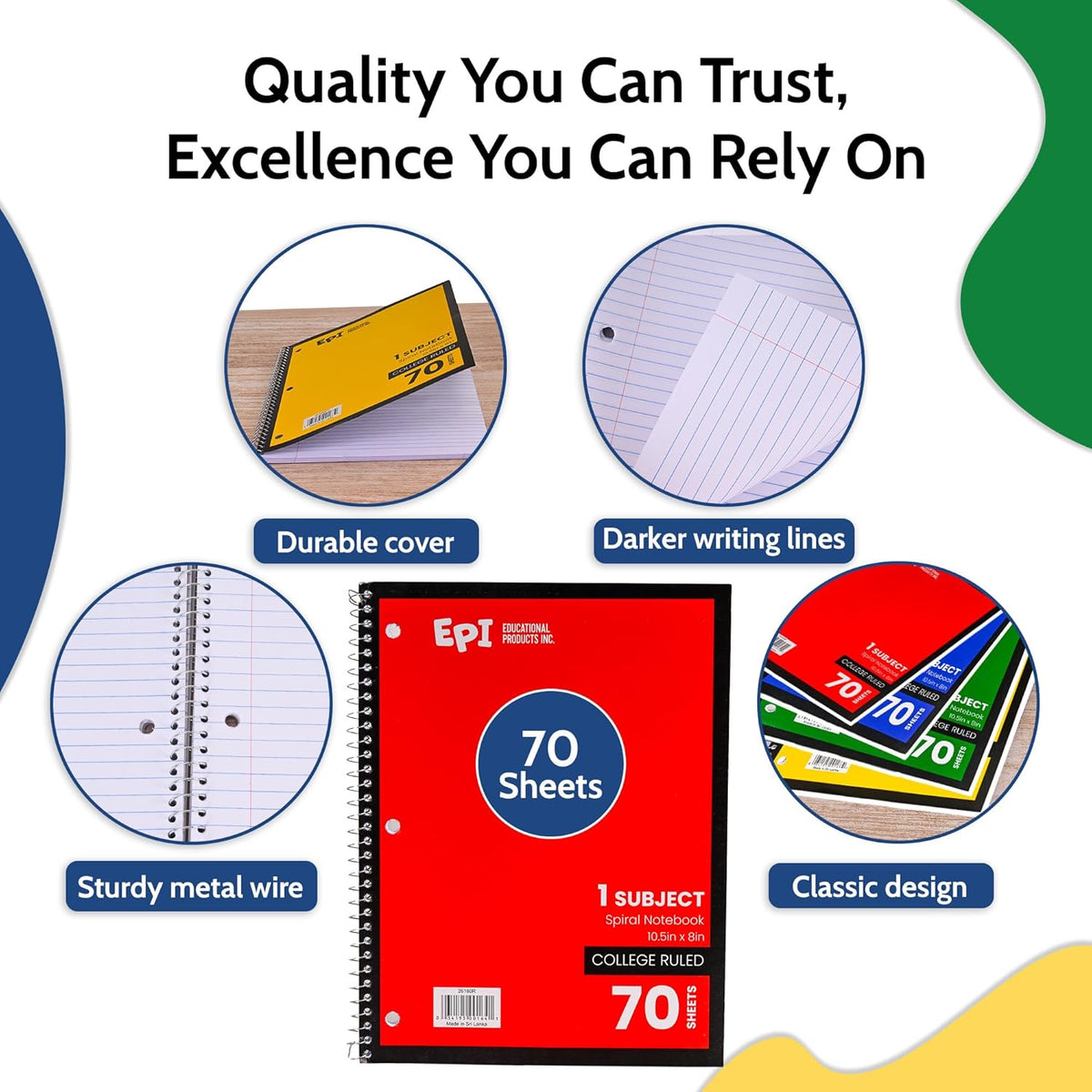 EPI Spiral Notebook | 1 Subject - College Ruled - 70 Sheets, Durable Spiral Binding | 10.5 x 8 in | Classroom Supplies | School, Office, Note Taking, Journaling - 48 Pack