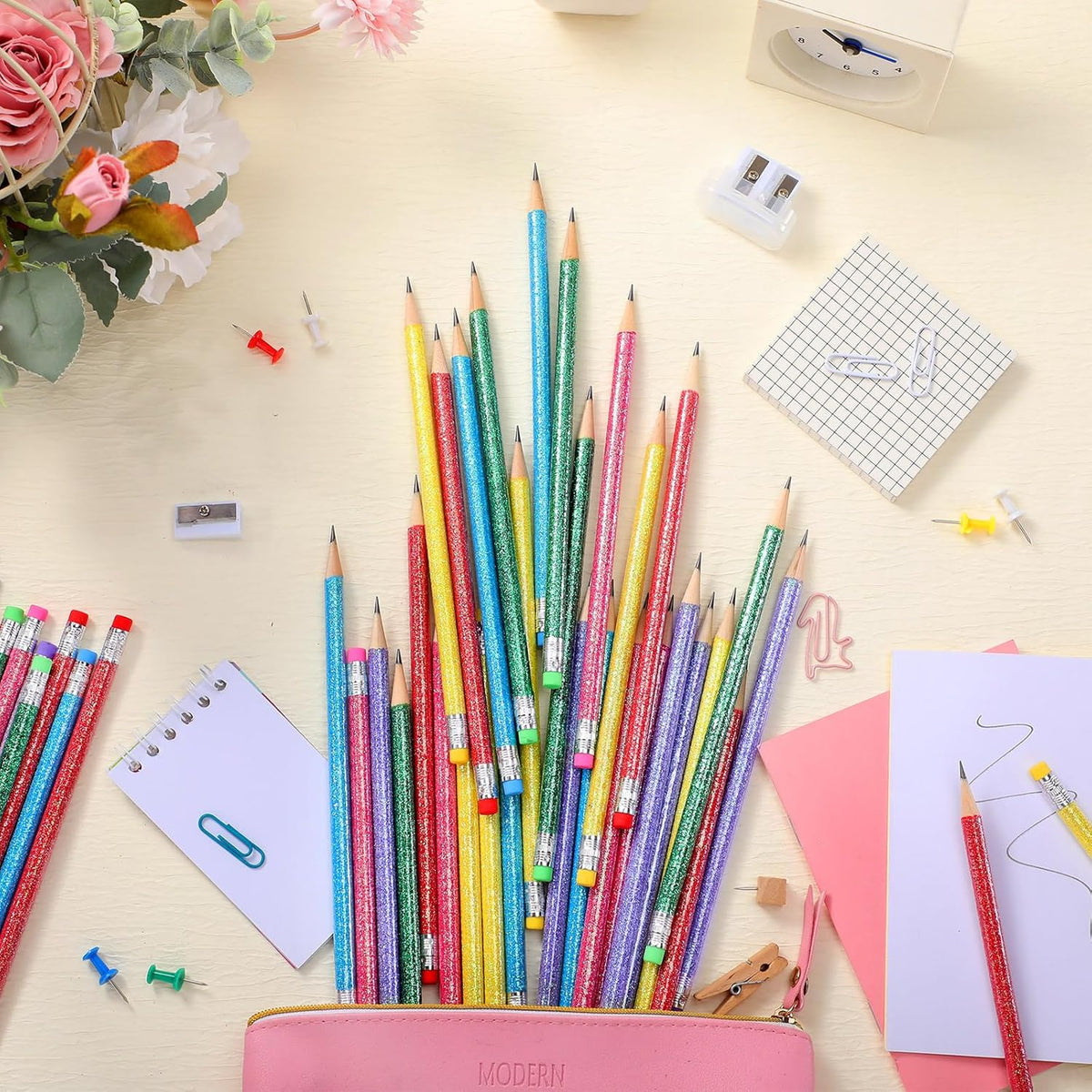 TecUnite 60 Pcs HB Pencils #2 Unsharpened Wood Cased Pencils with Eraser Hexagonal Pencil Cute Graphite No 2 Pen for Adults Gifts Exam School Office Sketching Learning (Glitter Color, Silver)
