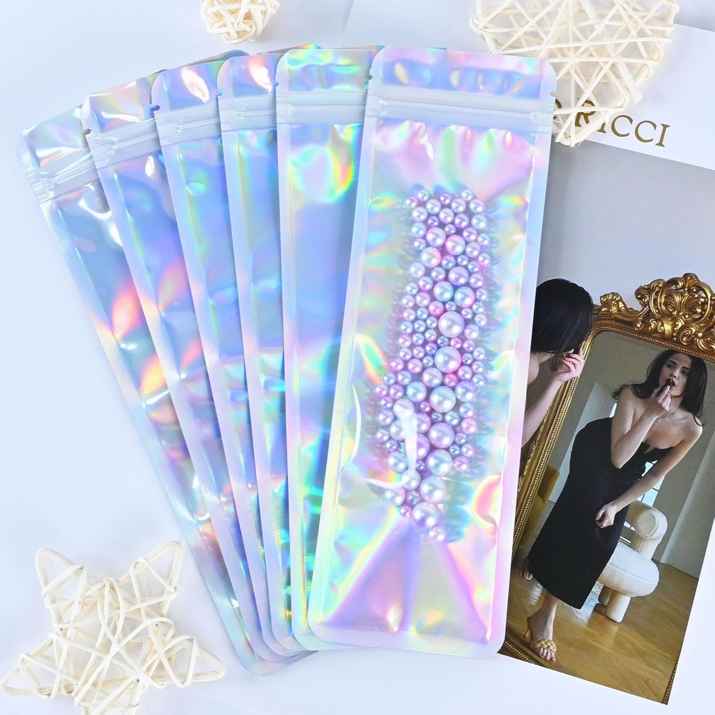 Resealable Mylar Pouch Pen Bags Great for Office Home Party Favor Food Storage Cookies Sample Jewelry Snack (100PCS, Holographic Color, 2.7 x 9 inch)