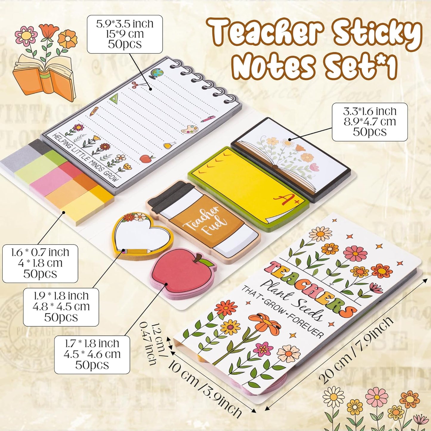 Xqumoi Retro Wildflowers Teachers Sticky Notes Set - Teacher Plant Seeds Self-Stick Note Pads Teacher Appreciation Notepads Writing Memo Pad Page Marker Back to School Office Supplies Thank You Gift