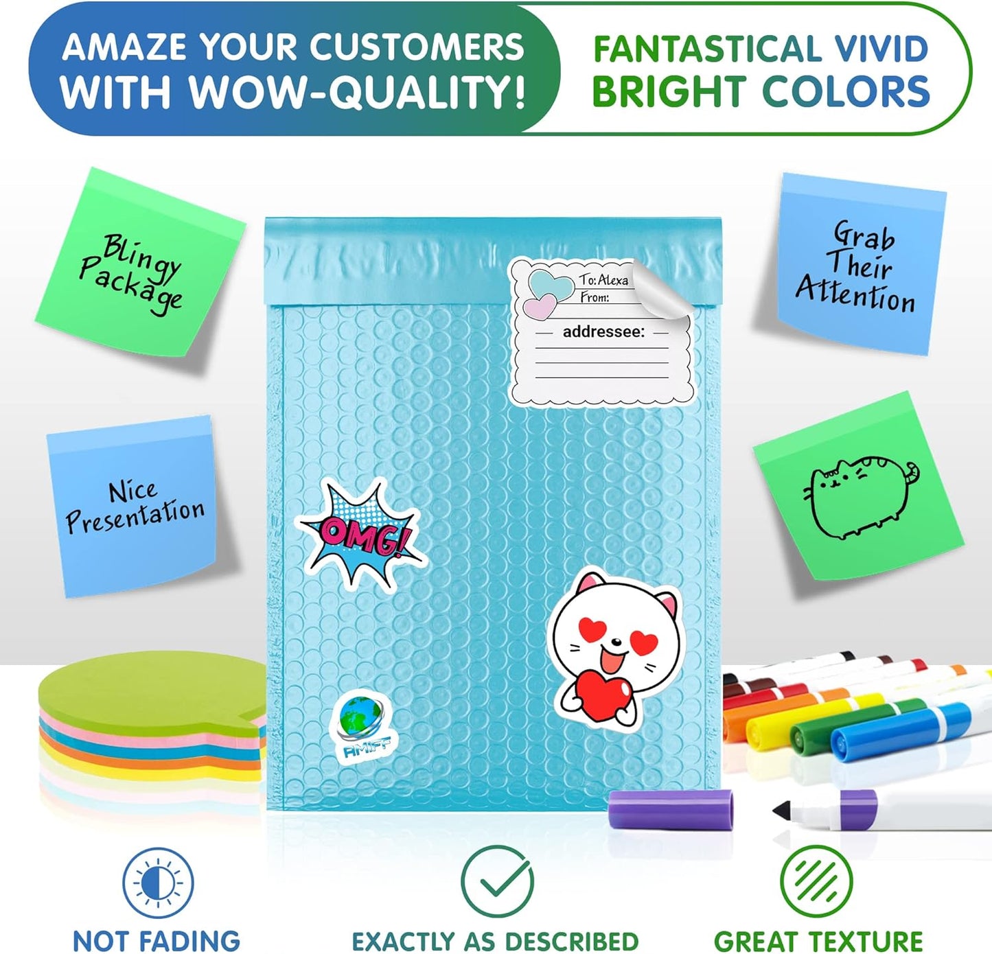 Light Blue Poly Bubble Mailers Self Seal, 9.5 x 13.5 Inch. Pack of 100 Bubble Packaging Envelopes for Shipping. Durable Padded Envelopes Waterproof. Self Seal Padded Mailers. Shipping Packages