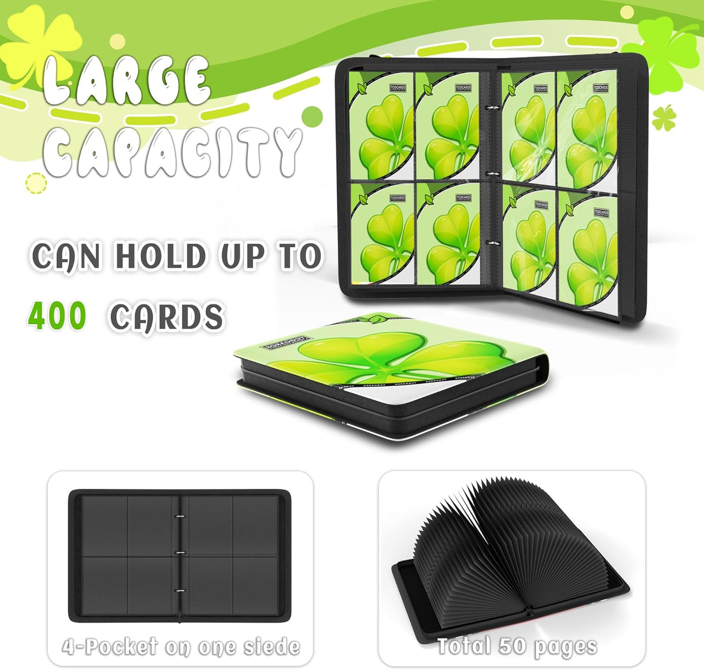 Trading Card Binder 4 Pocket，Card Binder 400 Pockets Card Book Holder Cards with 50 Removable Sleeves，3-Ring Zip Design MTG/TCG/Sport Collectible Trading Card Albums Gifts for Boys and Girls (Leaf)