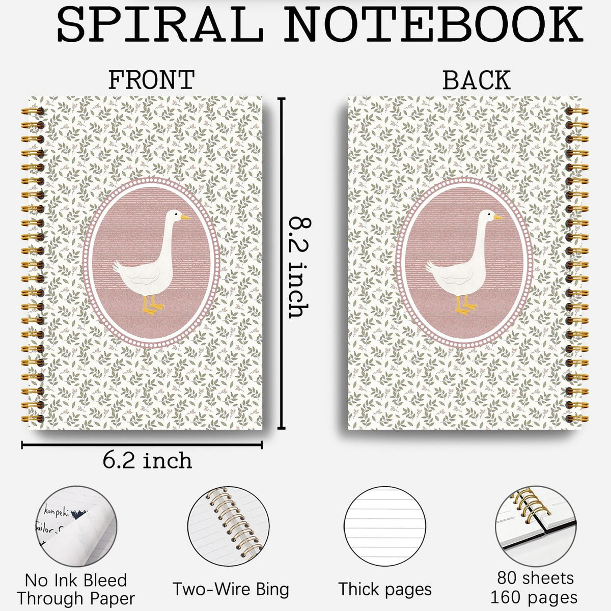 Guymn Vintage Pink Floral Goose Notebook, Cottagecore Botanical Goose Journal for Kids Girls, Geese Animal Lover Gifts Hardcover Spiral Notebooks Journals 5.5x8.3 Inch