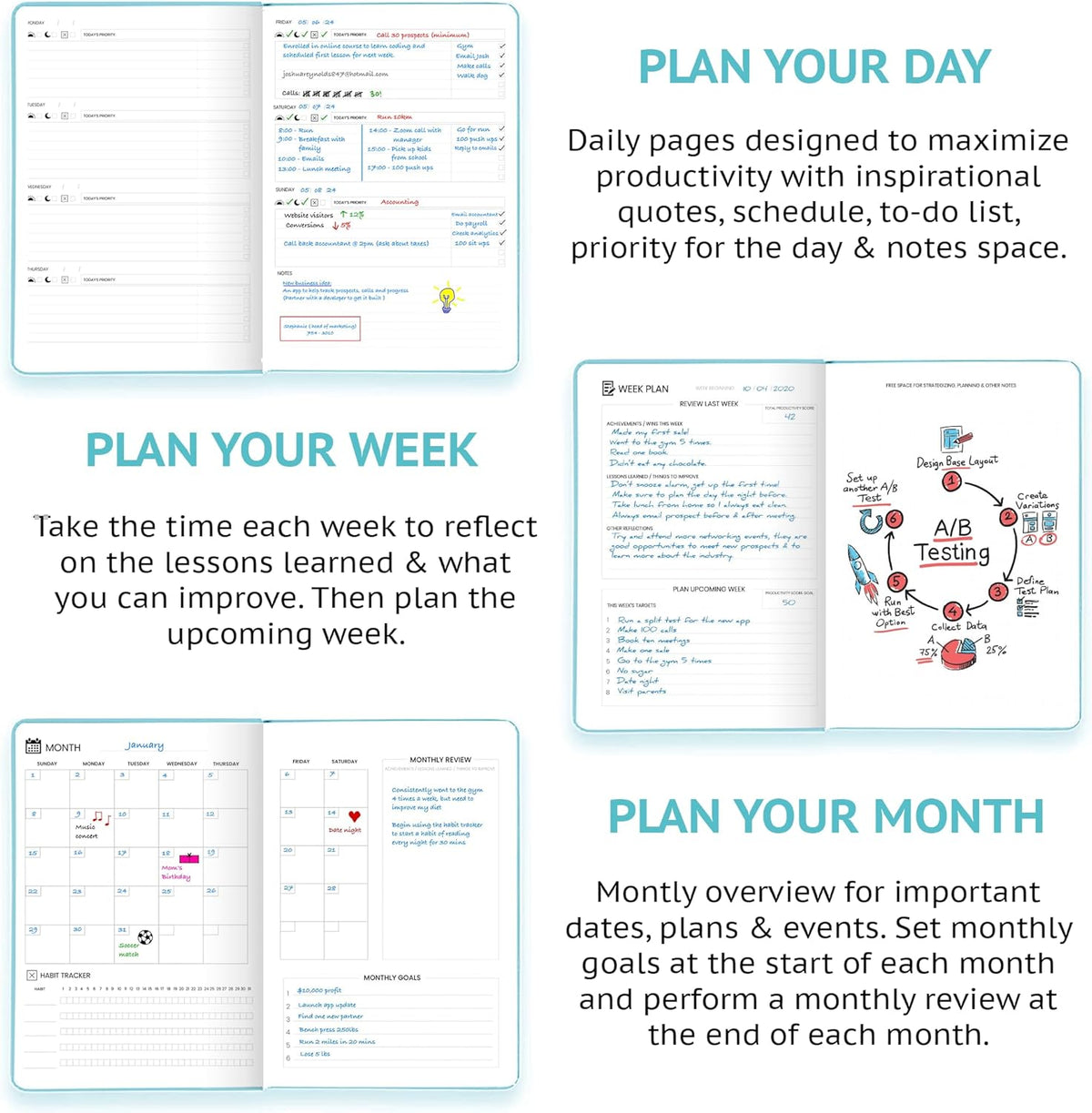 Undated Daily Planner – 1-Year B5 Productivity Organizer with Two-Page Weekly Spread, Goal Setting, Habit Tracker, Weekly & Monthly Pages – Hardcover Time Management Notebook (Turquoise)