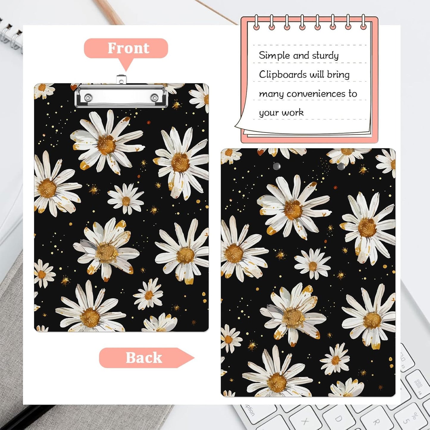 White Daisy Plastic Clipboards,Cute Fashion Clipboard Decorative 8.5" x 12.5"Standard A4 Size Clipboards,Acrylic Clipboard for Teacher,Social Worker,Students,Nurse,Office Supplies