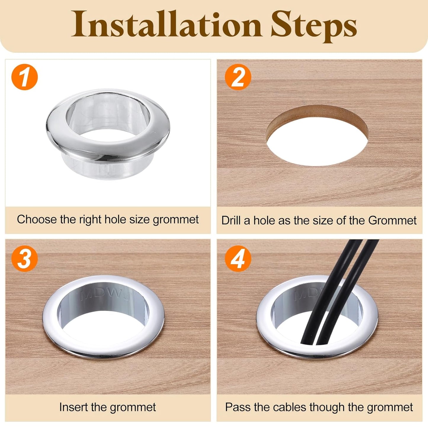 uxcell Desk Grommet, 1-3/4" (45mm) Zinc Alloy Cable Hole Cover Wire Cord Organizer with Marked Cable Ties for Home Office Desktop Wire, Silver Tone