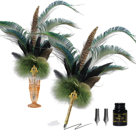 CROWN GUIDE Luxury Feather Pen with Black Ink Set - 13.8" Peacock Fancy Quill Fountain Pen for Writing Calligraphy, Wedding Nikkah Pen for Guest Book Journaling Gift, Green