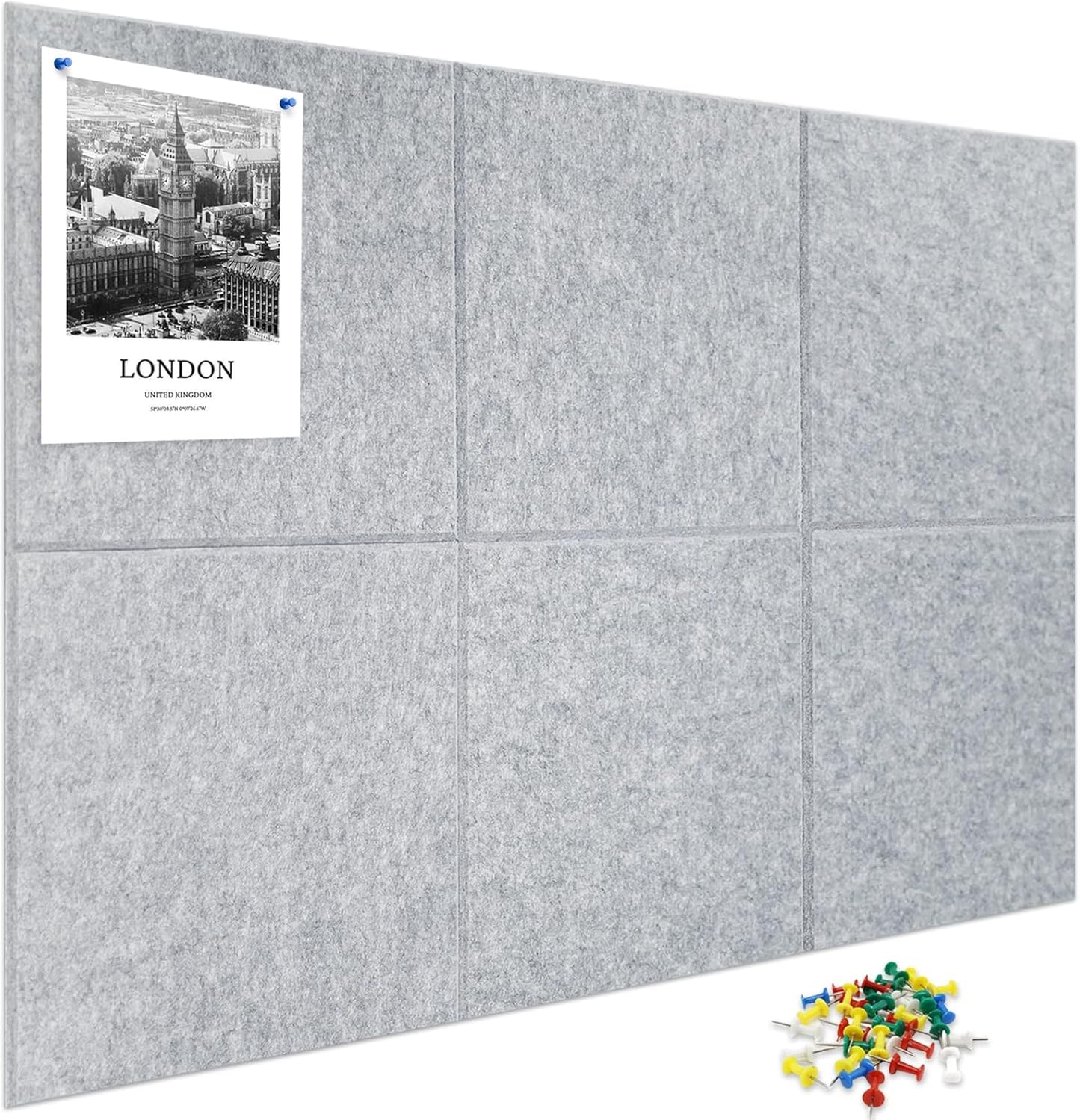 Large Cork Board for Wall 6 Pack, Bulletin Board 36" X 24", Felt Board Wall Tiles with 72 Damage-Free Removable Pads & Push Pins, Alternative Pin Board Cork Board for Office Home, Dark Grey