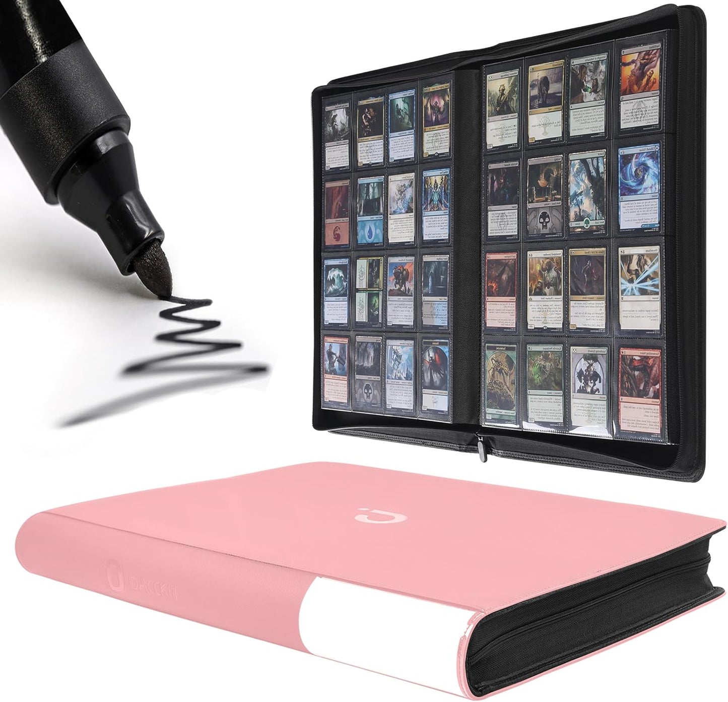 Premium Card Binder 16 Pocket - Fits 1600 Cards，4X4 Ringless Card Album with Sleeves for Trading Cards & Sports Cards（Model C，Light Pink）