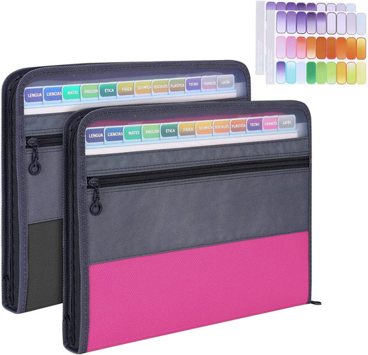 MEGREZ Expanding File Folder with 13 Pockets, 2 Pack A4 Paper File Folder with Zipper Color Labels, Waterproof Accordion File Folder Organizer for Home Office, Pink & Black