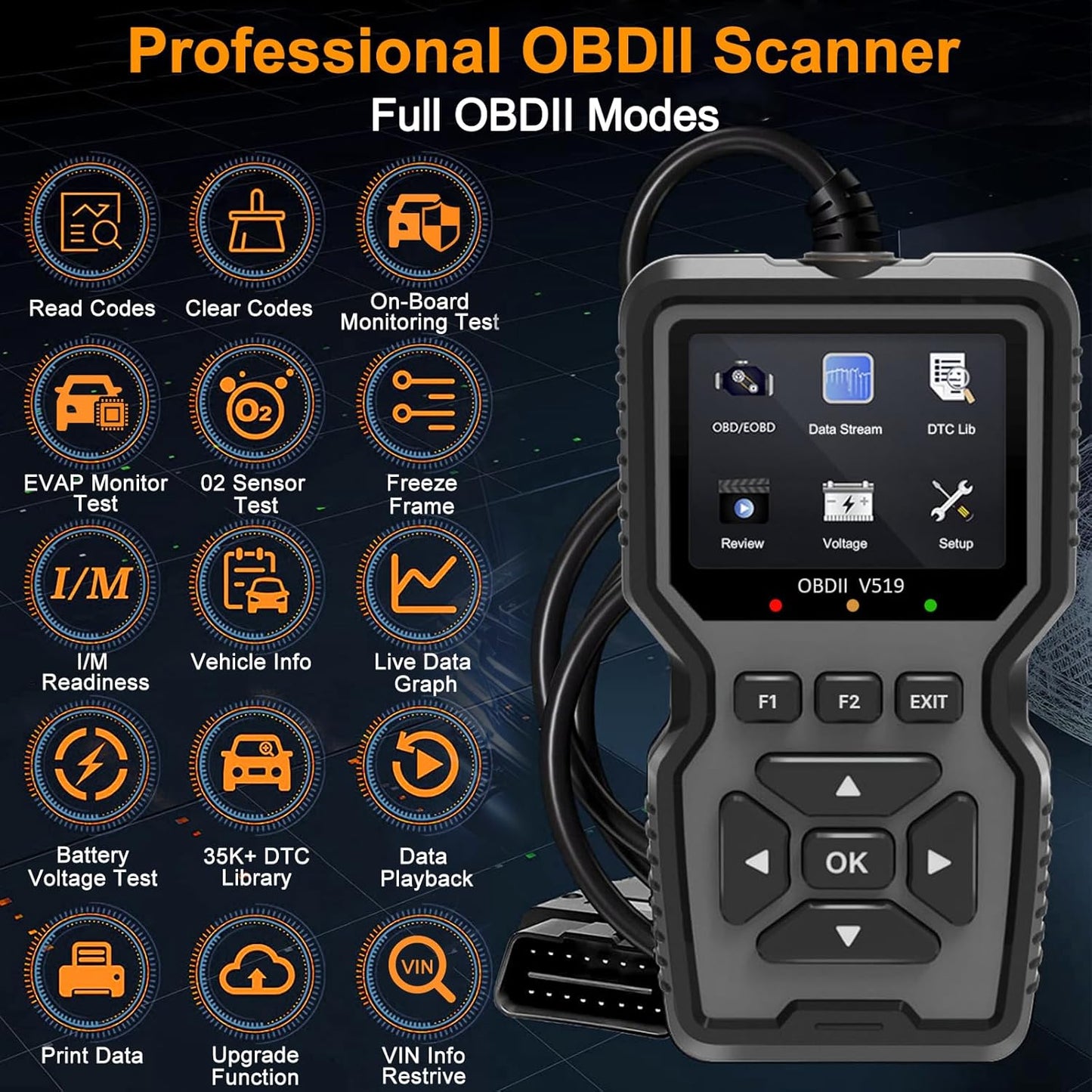 OBD2 Scanner Diagnostic Tool Car Check Engine Code Reader with Reset Professional OBD II/EOBD, Live Data, Mode 6, Mode 8 & I/M Readiness Odb2 Auto Scan Tool for All Vehicles After 1996, 2025 Upgraded