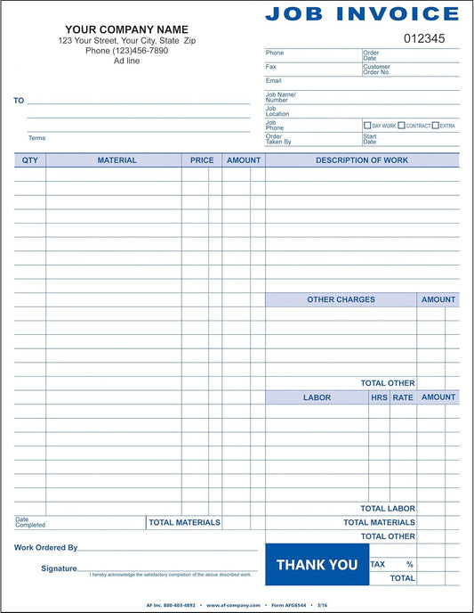 Job Invoice, 2 Copy (Duplicate), 8.5"x11" - Personalized for Free (1000-Forms)