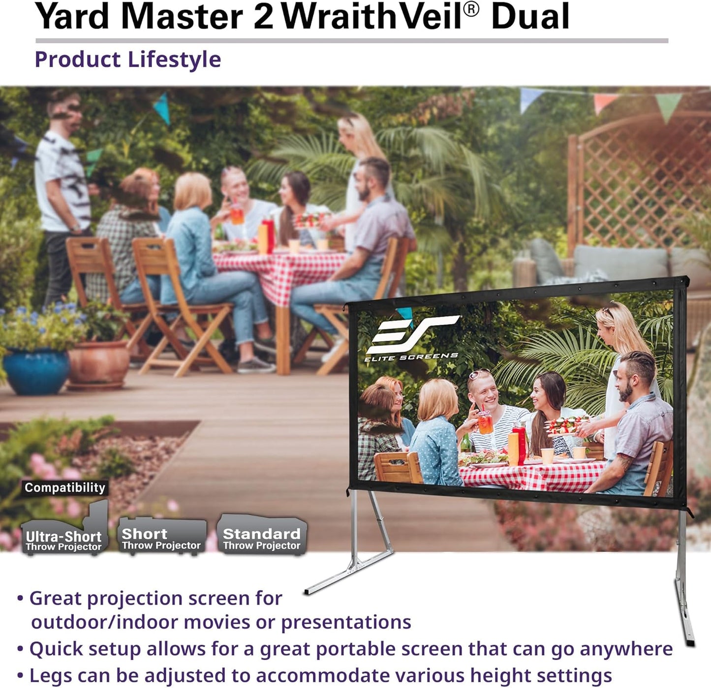 Elite Screens Yardmaster 2 DUAL Projector Screen, 135-INCH 16:9, Front and Rear Wraith Veil 4K / 8K Ultra HD, Active 3D, HDR Ready Free Standing Outdoor Movie Screen, OMS135H2-DUAL