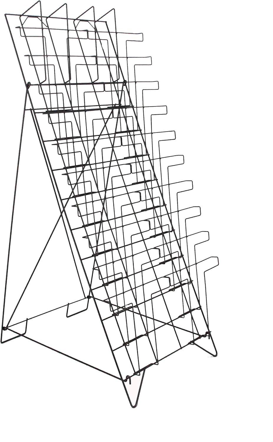 Displays2go Tiered Black Wire Magazine Rack, 19-1/4"w x 25-1/2"d x 51-1/2"h, Free Standing Floor Fixture With 20 Stacked Pockets, Sign Slot