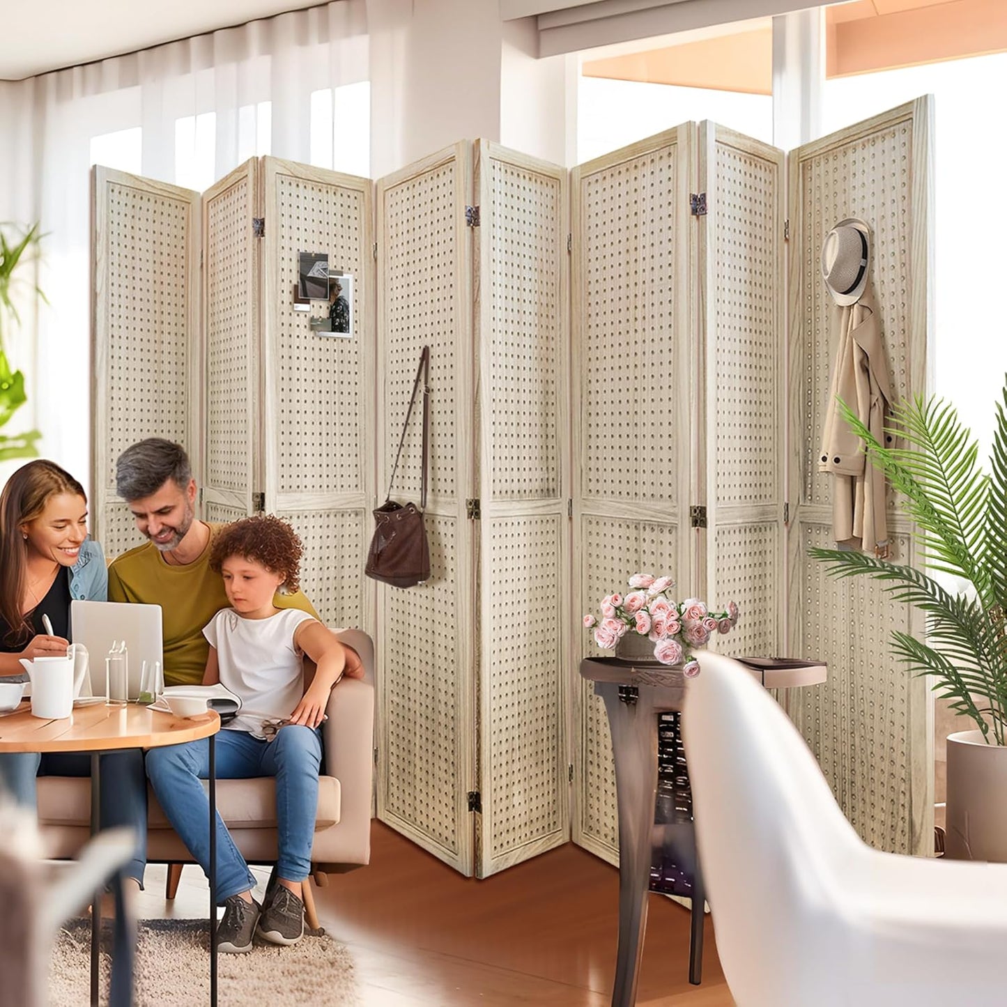 Room Divider, 5.6FT Folding Room Divider Panel, 8 Panel Pegboard Display Wood Partition Wall Divider for Room Separation& Craft Shows, Natural Wood