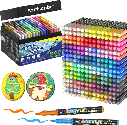 240 Colors Acrylic Paint Pens Markers, No-Bleed Brush Tip Acrylic Markers with Automatic Ink Control System, for Stone, Wood, Canvas, Ceramic, Glass, Metal, Rock Painting, DIY Crafts Art Supplies Kit