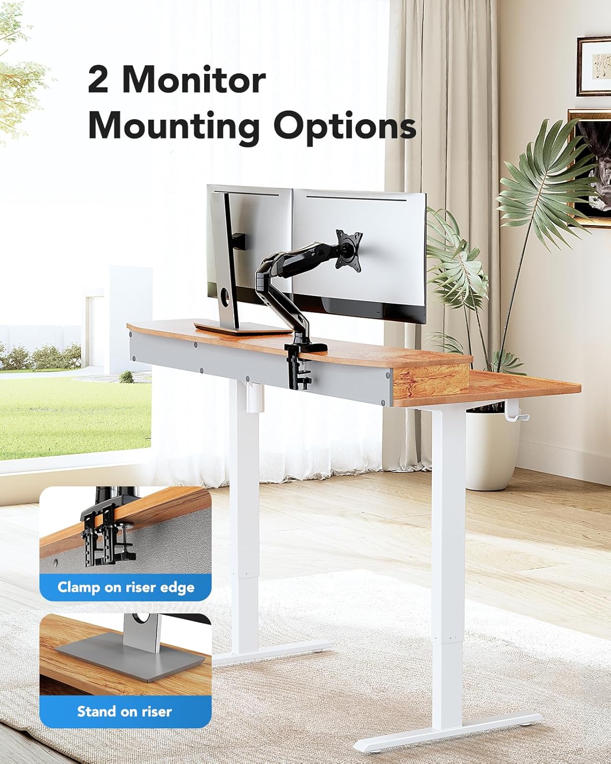 HUANUO 48″ x 24″ Electric Standing Desk with 2 Drawers, C-Clamp Mount Compatible, Height Adjustable Computer Desk, Home Office Stand Up Desk with 4 Preset Heights & 2 Hooks, Light Vintage