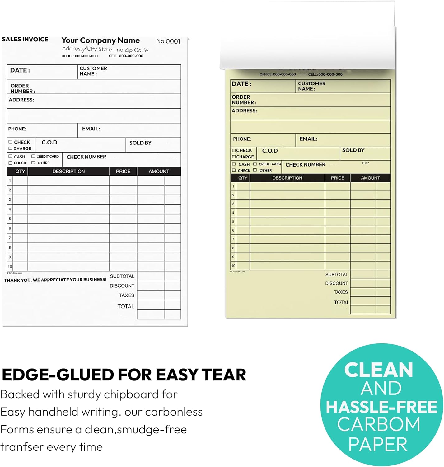 Custom 5.5" X 8.5" Invoice Receipt Book, (100 Sets) Carbonless NCR Invoice Book in 2-Part Duplicate Receipts, Estimates, Purchase Orders, Sales Orders, Price Forms with Your Company/Business Name