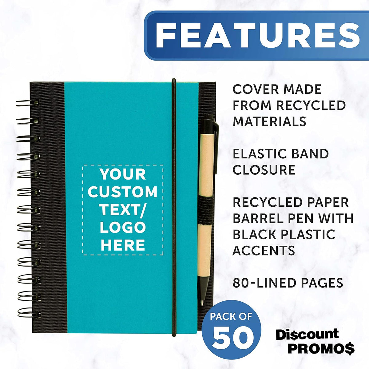 DISCOUNT PROMOS Custom Eco-Friendly Spiral Notebooks with Pens – Set of 50, Perfect for Mother’s Day Gift – Bulk Pack for School, Office, or Home – Black