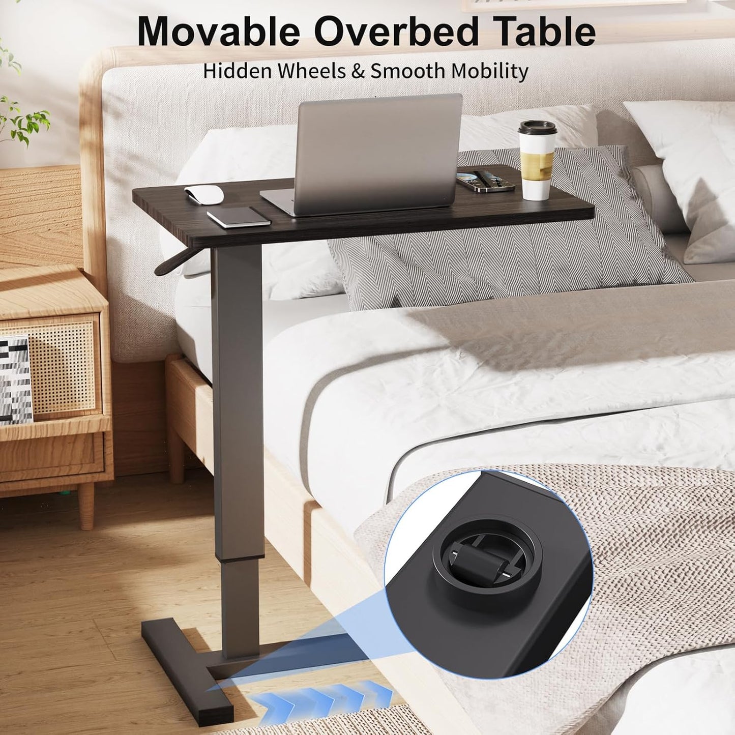 Erinaik Overbed Table with Adjustable Height & Swivel Wheels, Pneumatic Mobile Laptop Desk for Hospital Bed, Home Office, Study - Hidden Wheels, Stable Bedside Table