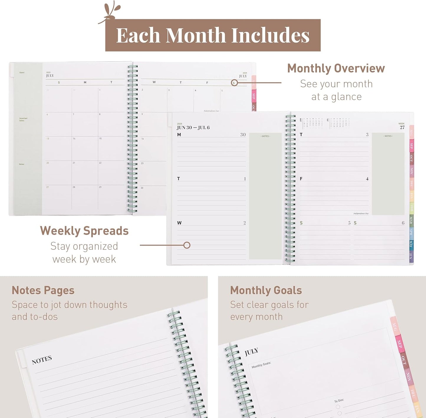 Rileys Academic Planner 2025-2026, Daily, Weekly & Monthly Planner, July 2025 - June 2026, Student Notes Pages, Twin-Wire Binding, Weekly Agenda for School & Work (8.5 x 11-Inches, Green, Classic)
