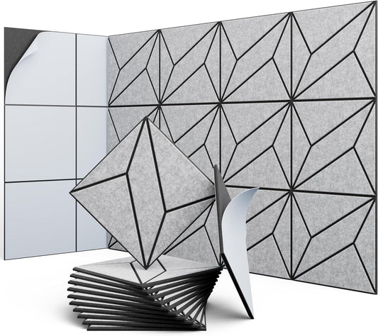 12 Pack 12" X 12" X 0.47" Acoustic Panels for Wall Sound Absorbing, Dual-Color P-Stripes Square Self-Adhesive Sound Panels, High Density Suitable for Multiple Scenarios(Black+SilverGray)