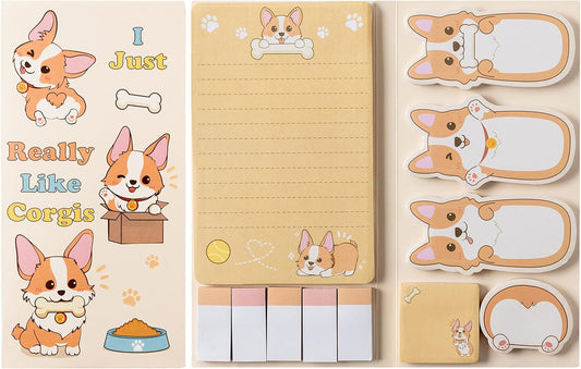Xqumoi I Just Really Like Corgis Sticky Notes Set, 550 Sheets, Cute Cartoon Corgis Butt Self-Stick Notes Pads Animal Divider Tabs Bundle Writing Memo Pads Back to School Office Supplies Small Gift