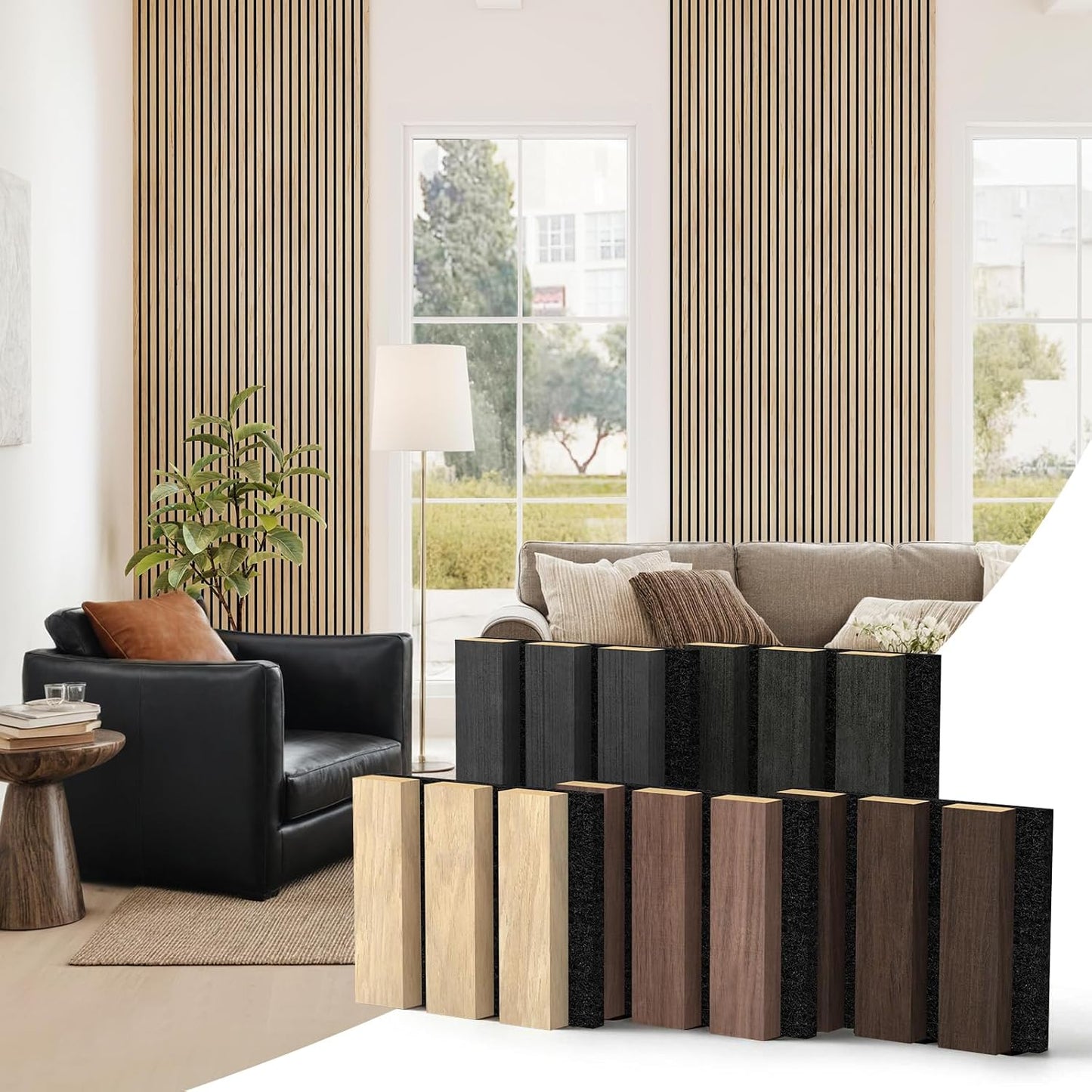 MISSDAY Wood Slat Acoustic Wall Panels, 5 Packs 3.9" x 4.7" Sample Pack Soundproof Panel For Interior Wall Decor Noise Absorbing-3D Textured Wooden Panel Peel and Sound-Absorbing, Office, Studio