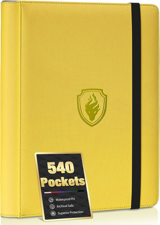 Premium 9 Pocket Card Binder for 540 Cards, Fabmaker PU Cover Trading Card Binder, Sturdy Card Collection Album, Sleek Card Holder Folders for YuGiOh, MTG, TCG, Game Cards & Sports Cards, Yellow