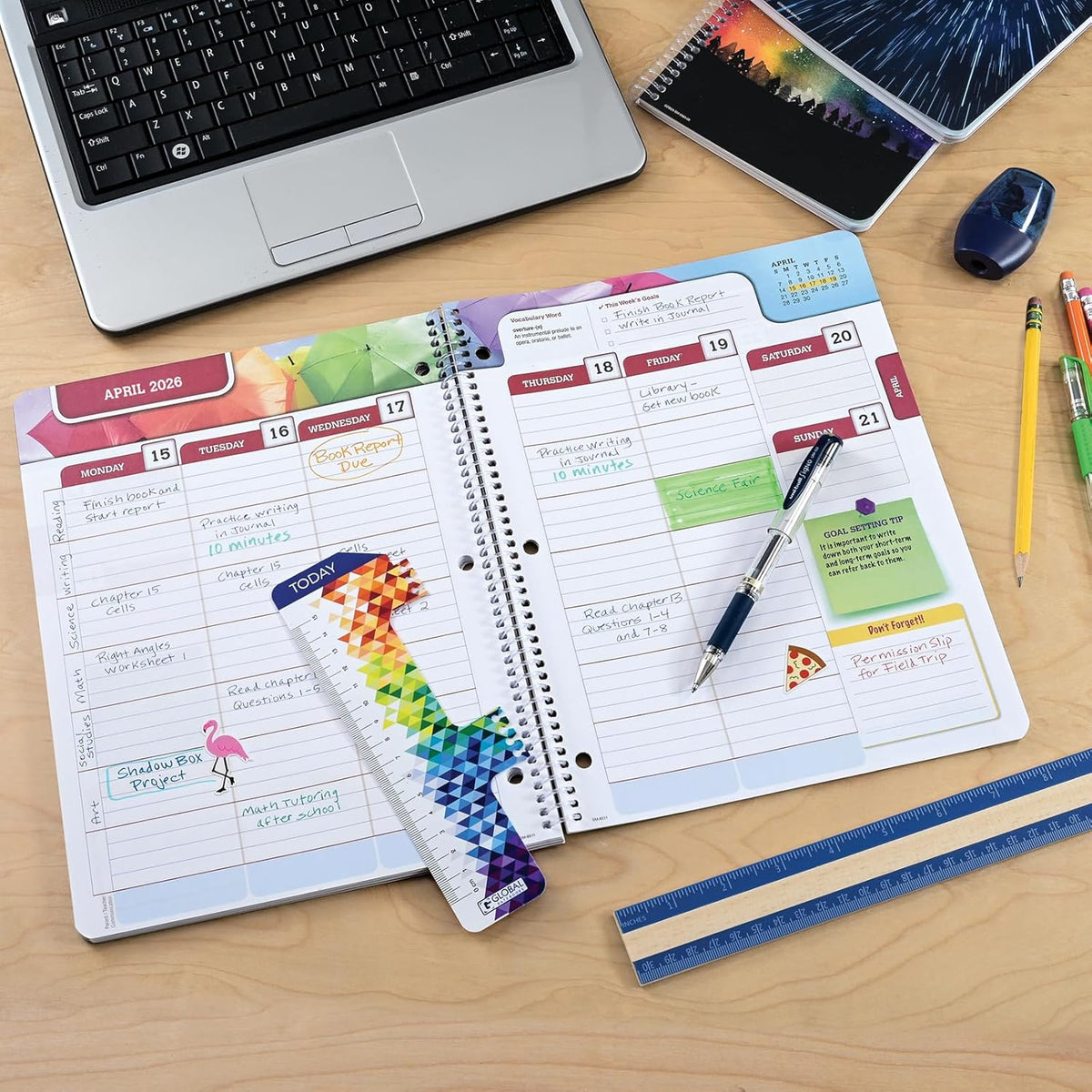 Global Datebooks Dated Middle School or High School Student Planner for Academic Year 2025-2026 Includes Ruler/Bookmark and Planning Stickers (Matrix Style - 8.5"x11" - Slant)