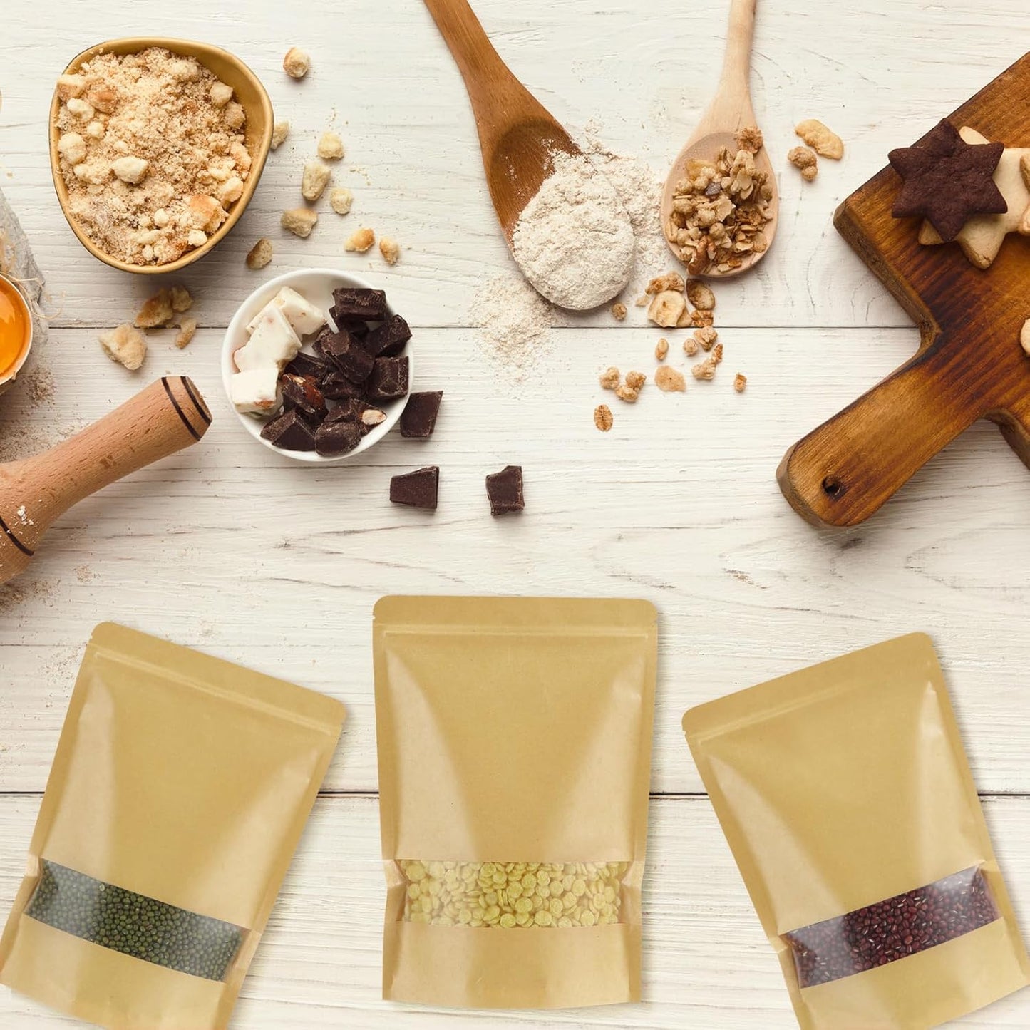 Geosar 300 Pcs Kraft Bags with Window 7 x 10 Inch Kraft Stand Pouches Bulk Zipper Paper Pouches Food Storage Reusable Heat Sealable Bags for Packaging Home Office Business