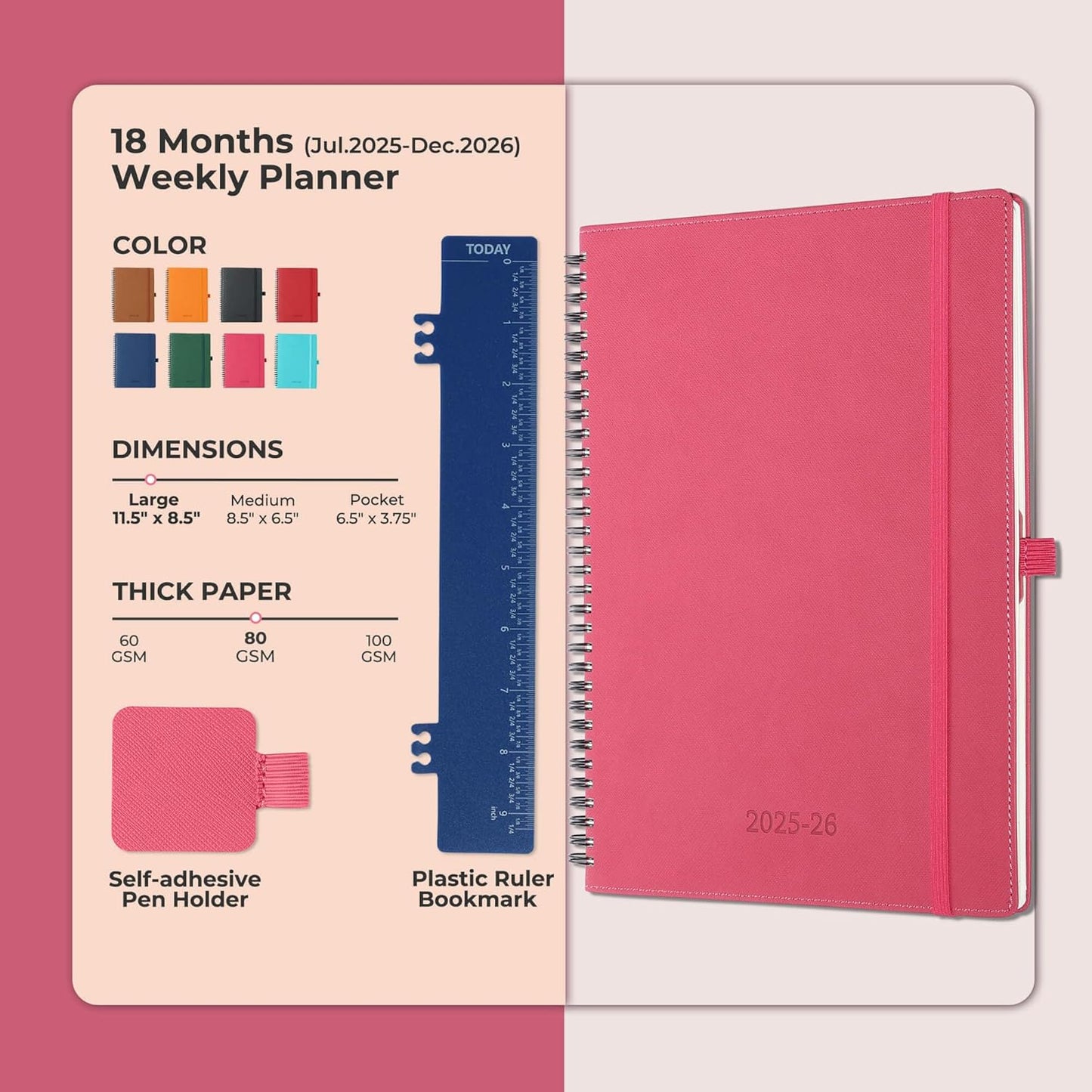 Planner 2025-2026 Daily Weekly and Monthly,11.5"x8.5",18 Months Spiral Bound Calendar Agenda with Self-adhesive Pen Holder,2026 Academic Plan with Vegan Leather Soft Cover,Rose Red