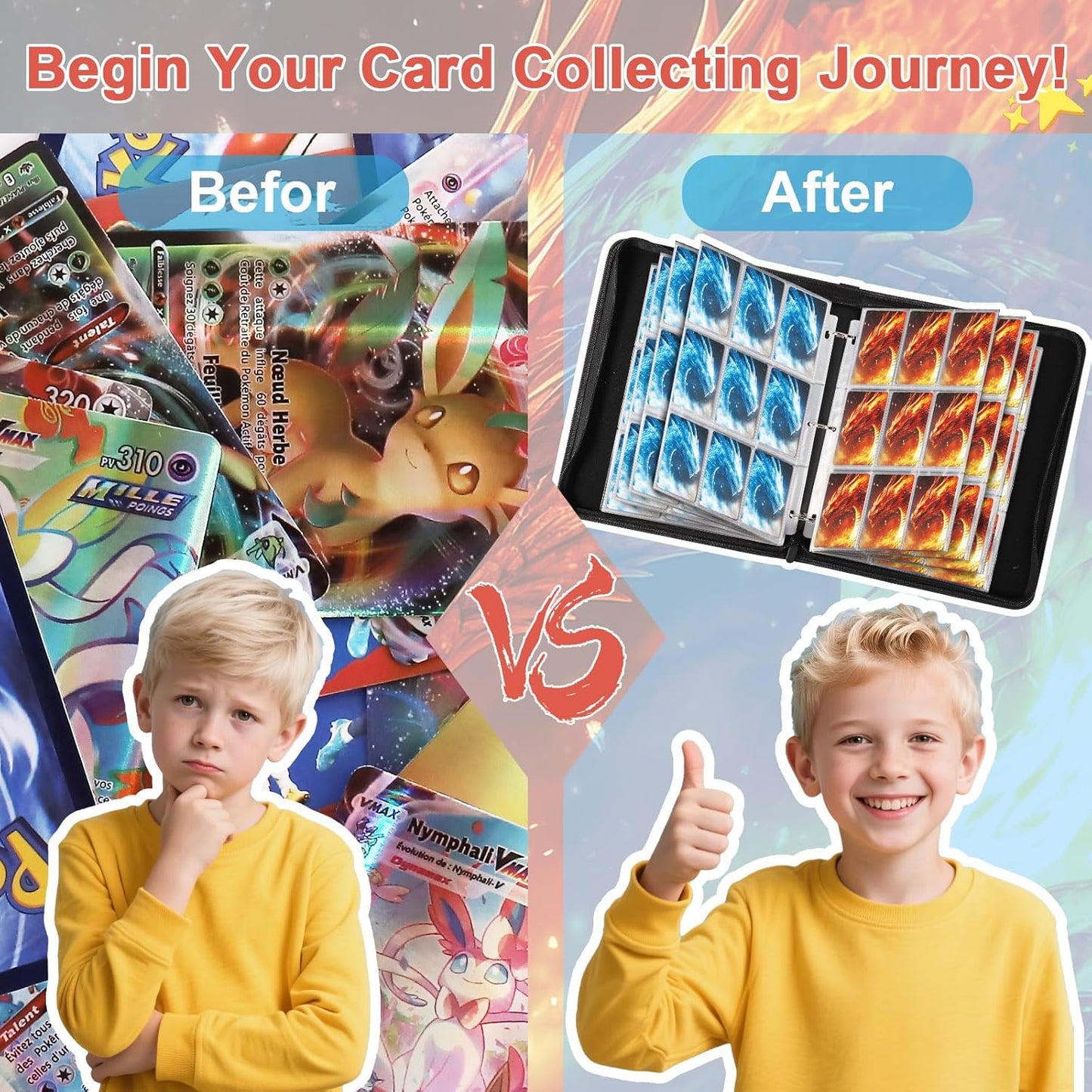 Fire & Ice Dragon 9 Pocket Trading Card Binder Album, Holds 900 Cards with 50 Removable Double-Sided Sleeves, Waterproof PU Leather Zipper Binder for TCG, MTG, Sports Cards