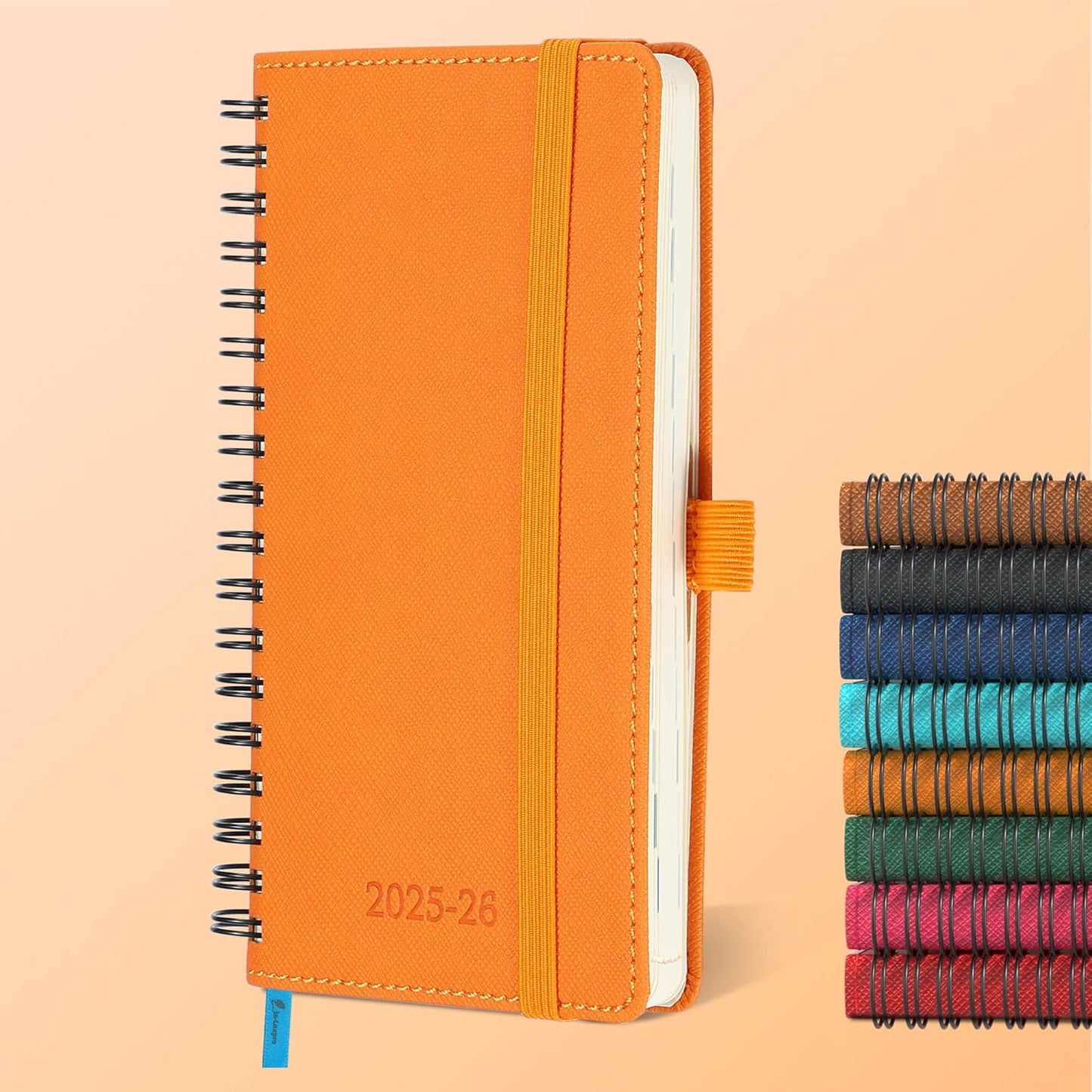 Planner 2025-2026 Daily Weekly and Monthly,6.5"x3.75",18 Months Spiral Bound Calendar Agenda with Self-adhesive Pen Holder,2026 Academic Plan with Vegan Leather Soft Cover,Orange