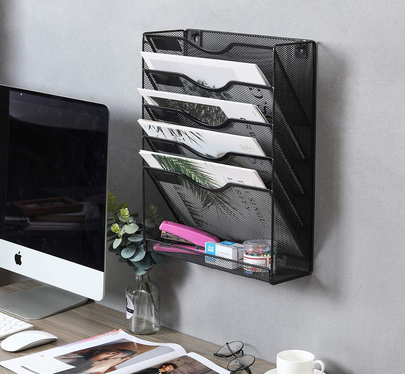 EasyPAG 5-Tier Wall File Holder, Mesh Hanging Folder Organizer with Classify Label, Versatile Desk File Organizer for Office Home, Space-Saving Vertical Wall Mounted Mail Paper Sorter, Black