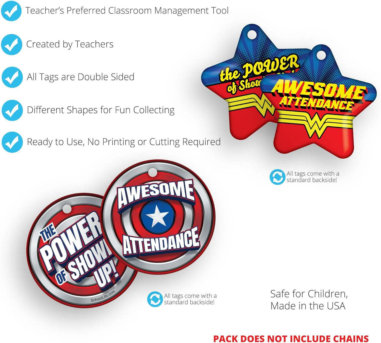 Awesome Attendance Heroes Brag Tag Value Pack to Improve Student School & Classroom Attendance: 250 Tags (25 Tags for Each Design)