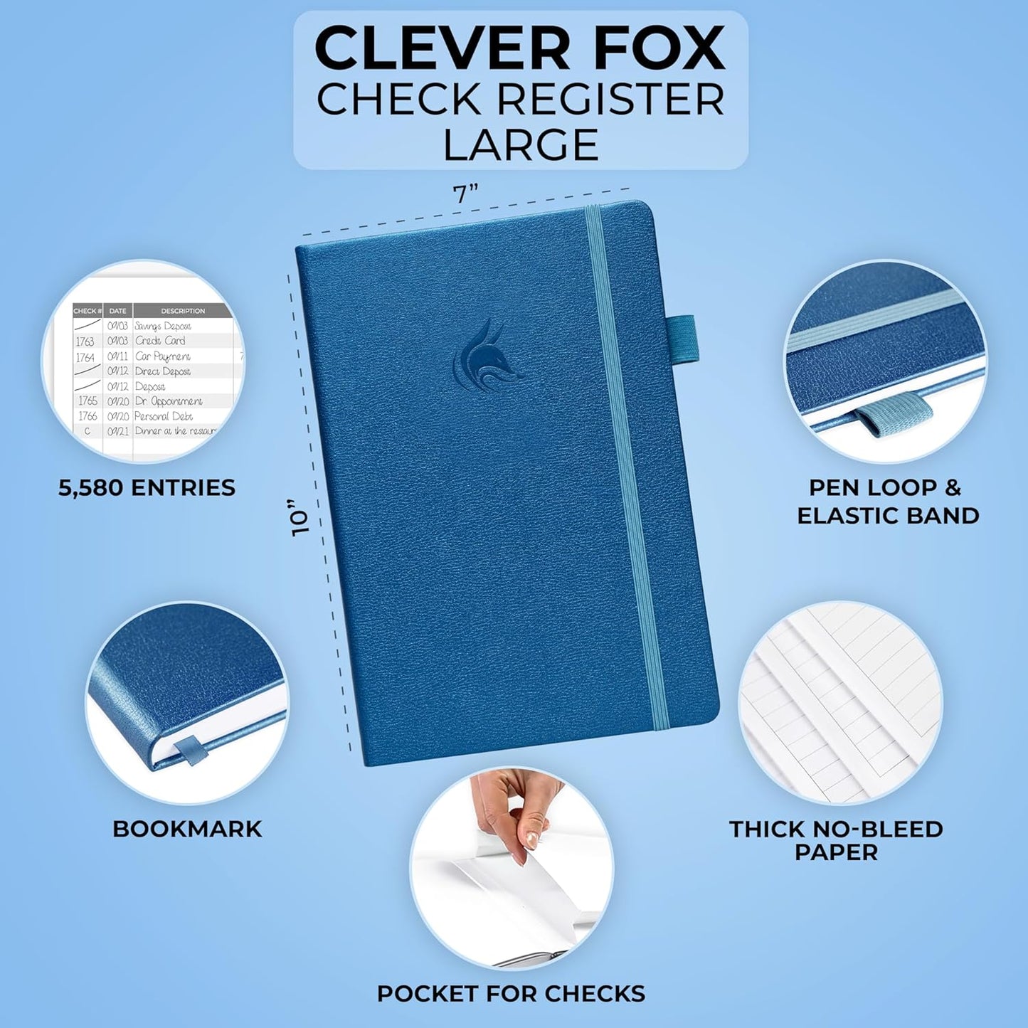 Clever Fox Check Register Book - Deluxe Transaction Register, Accounting Ledger Book, Checkbook Register & Checking Account Register Book for Personal and Work Use, Large Size, 7x10” - Mystic Blue