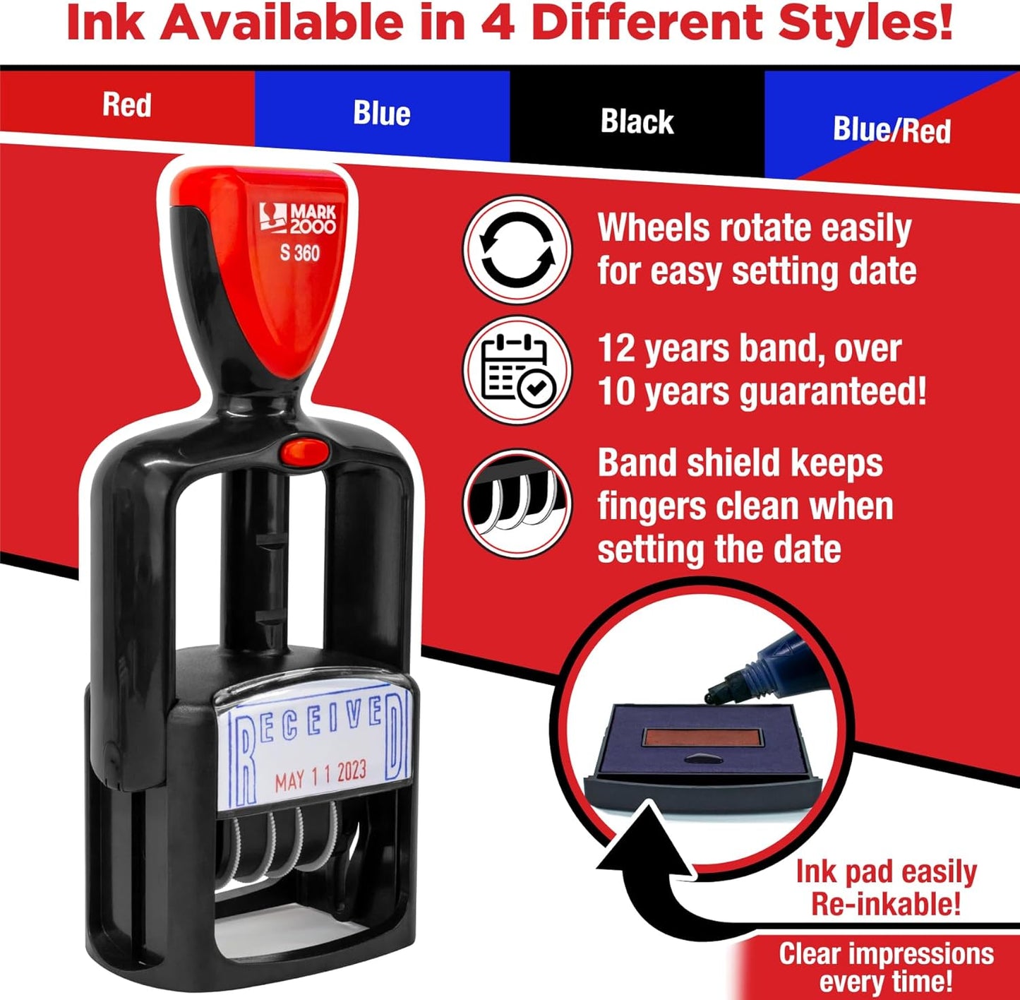 Self-Inking Rubber Date Office Stamp with Posted Phrase - Black Ink - 12-Year Band