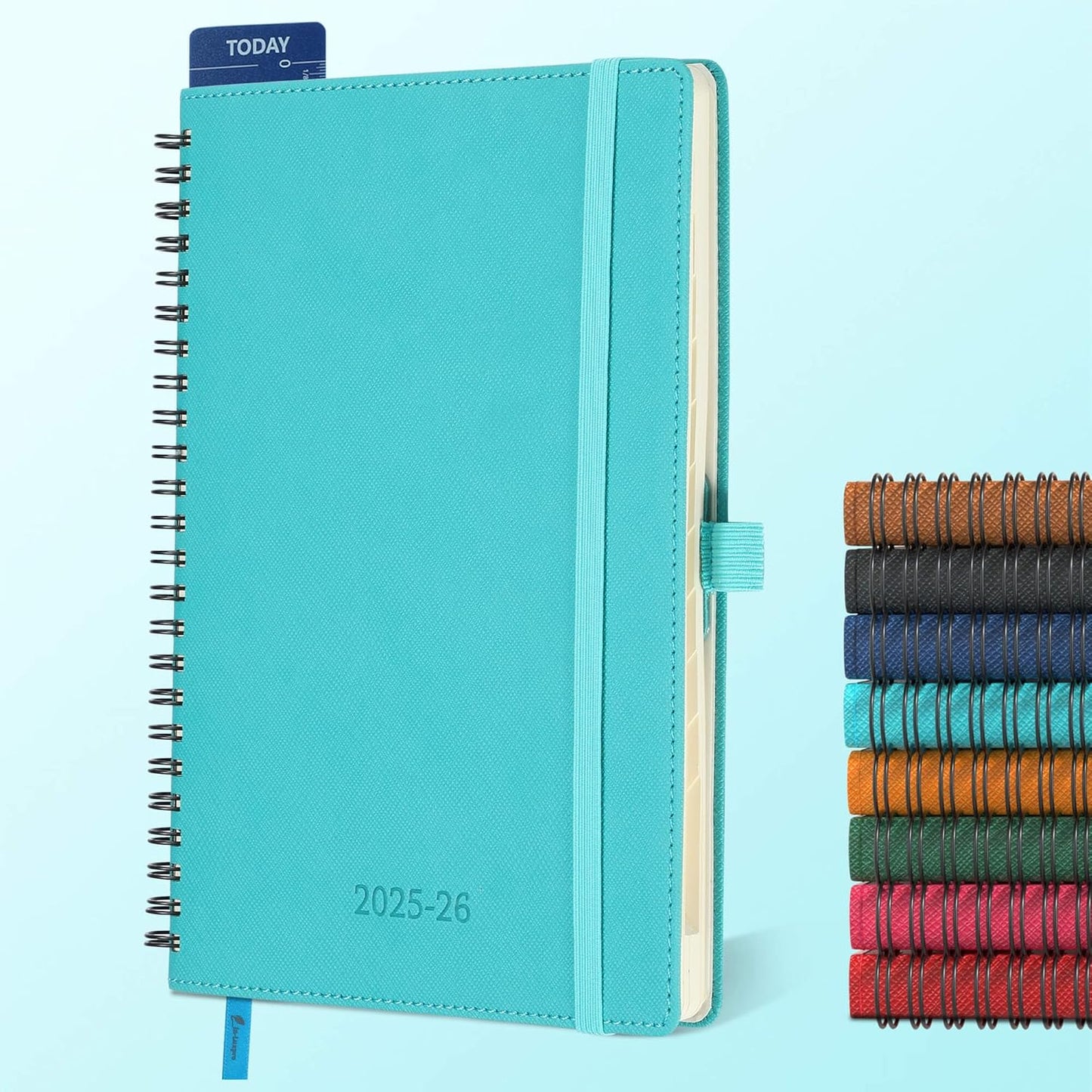 Planner 2025-2026 Daily Weekly and Monthly,8.5"x6.5",18 Months Spiral Bound Calendar Agenda with Self-adhesive Pen Holder,2026 Academic Plan with Vegan Leather Soft Cover,Light Blue