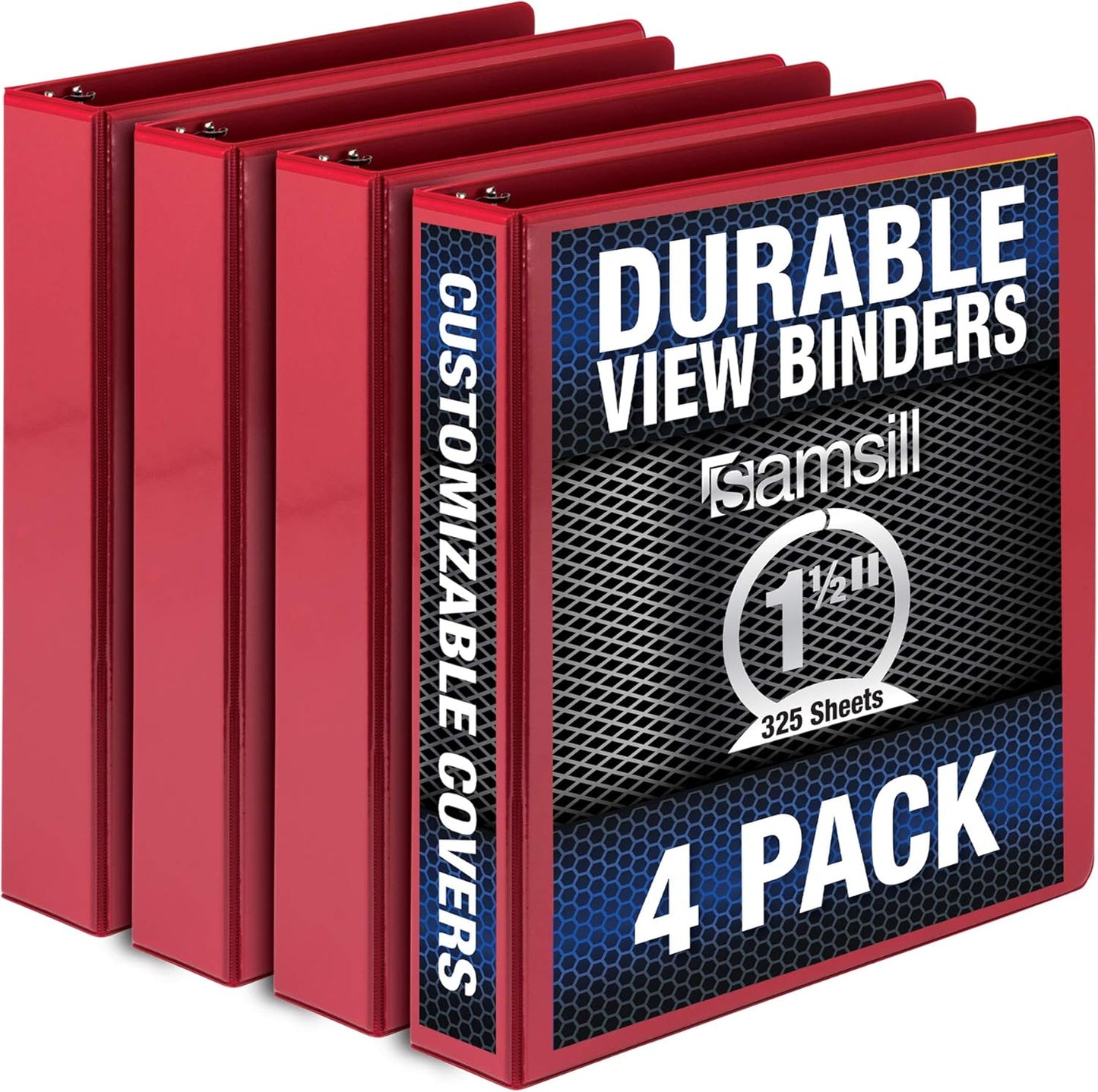 Samsill Durable 1.5 Inch Binder, Made in the USA, Round Ring Customizable Clear View Binder, Red, 4 Pack (MP48453)