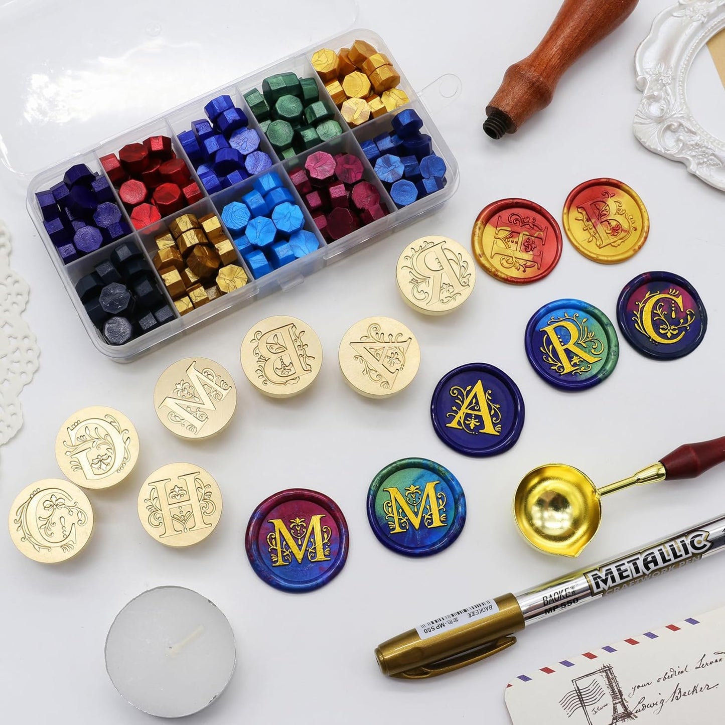 SWANGSA Initial Alphabet G Wax Seal Stamp Kit, Classic Retro Letter Sealing Stamp with 200pcs Sealing Wax Beads Kit for Wedding Invitations Cards Envelopes (G)