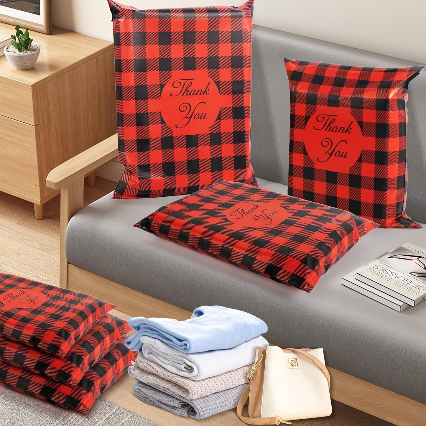 Oududianzi Poly Mailers 10x13, 100Pack Shipping Bags, Packaging Bags, Mailers Poly Bags, Shipping Envelopes, Mailing bags, Polymailer Packaging Bags for Small Business - Red plaid