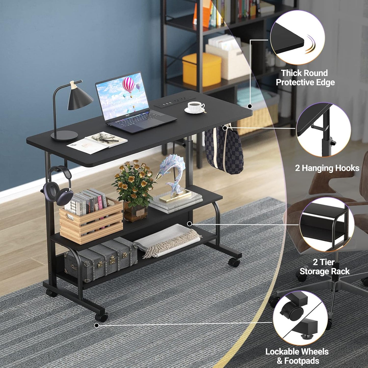 Armocity Height Adjustable Standing Desk with Power Outlets, 32" Manual Stand Up Desk with Storage Shelves Small Mobile Rolling Computer Desk Portable Laptop Table with Wheels for Home Office, Black