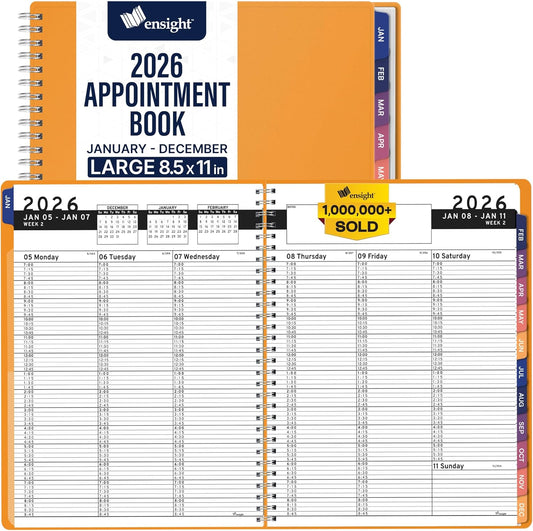 Ensight 2026 Appointment Book & Planner Ensight 8.5 x 11 inches Large Tabbed Daily Hourly Weekly Planner Schedule Book 15 Minute time Slots Business & Personal Planner Jan 2026 Dec 2026 Yellow
