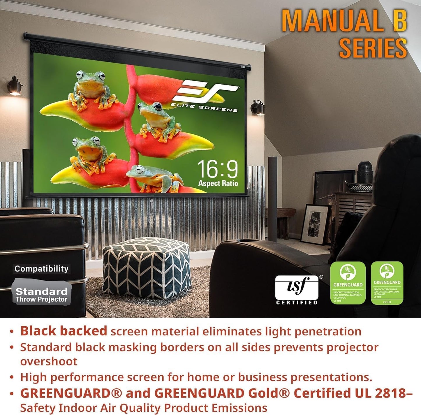 Elite Screens Manual B, 120-INCH, 16:10 aspect ratio, Manual Pull Down Projector Screen 4K / 8K Ultra HDR 3D Ready with Auto-Lock Mechanism, 2-YEAR WARRANTY, M120X