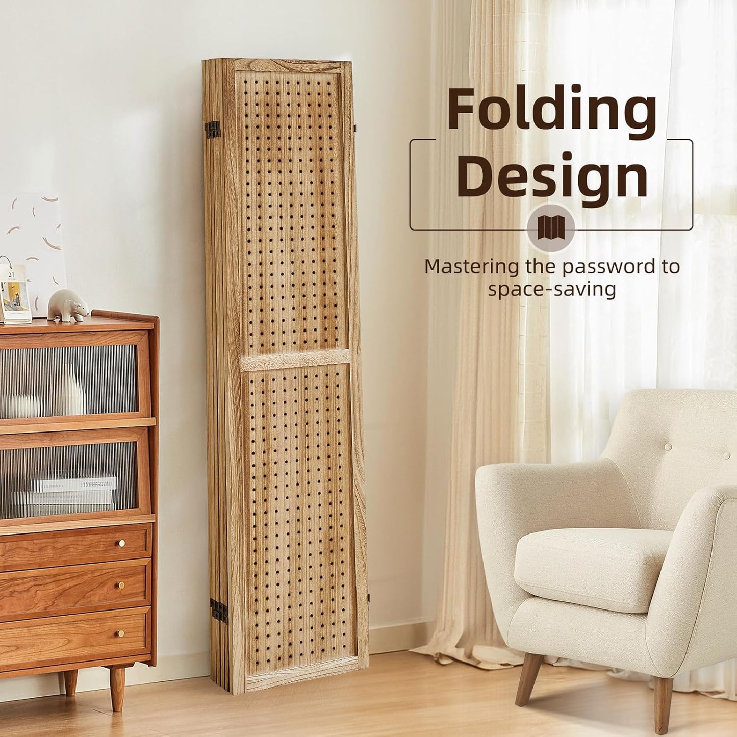6 Panel Pegboard Display with 24 Hooks, Pegboard Room Divider and Folding Privacy Screens, Privacy Dividers for Rooms, Wooden Room Divider Wall, Jewelry Store, Bedroom, Balcony, Light Brown