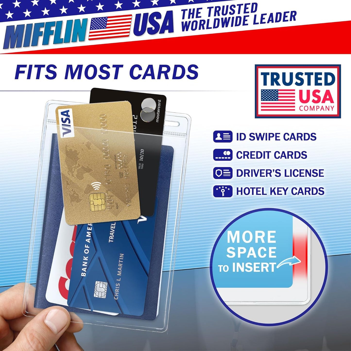 ifflin-USA Passport & Card Holders (Clear, 4x6 Inches, 10 Pack), Extra Large ID Name Badge Holder, Zipperless Vertical Plastic Card Holders