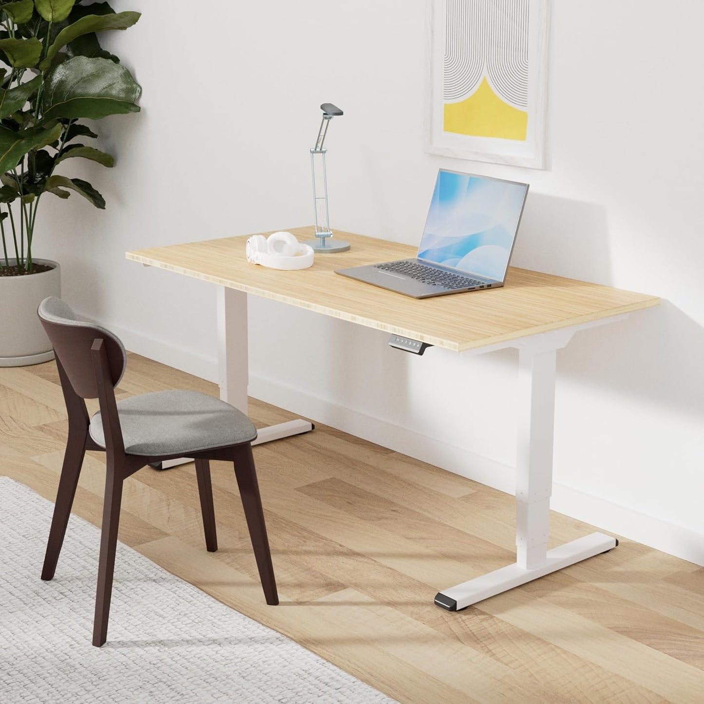 SANODESK 55 Inch 3 Stage Bamboo Electric Standing Desk, Dual Motor Height Adjustable Desk, Whole-Piece Desktop Sit to Stand Home Office Desk (White Frame/ 55” x 28” Natural Bamboo Top)