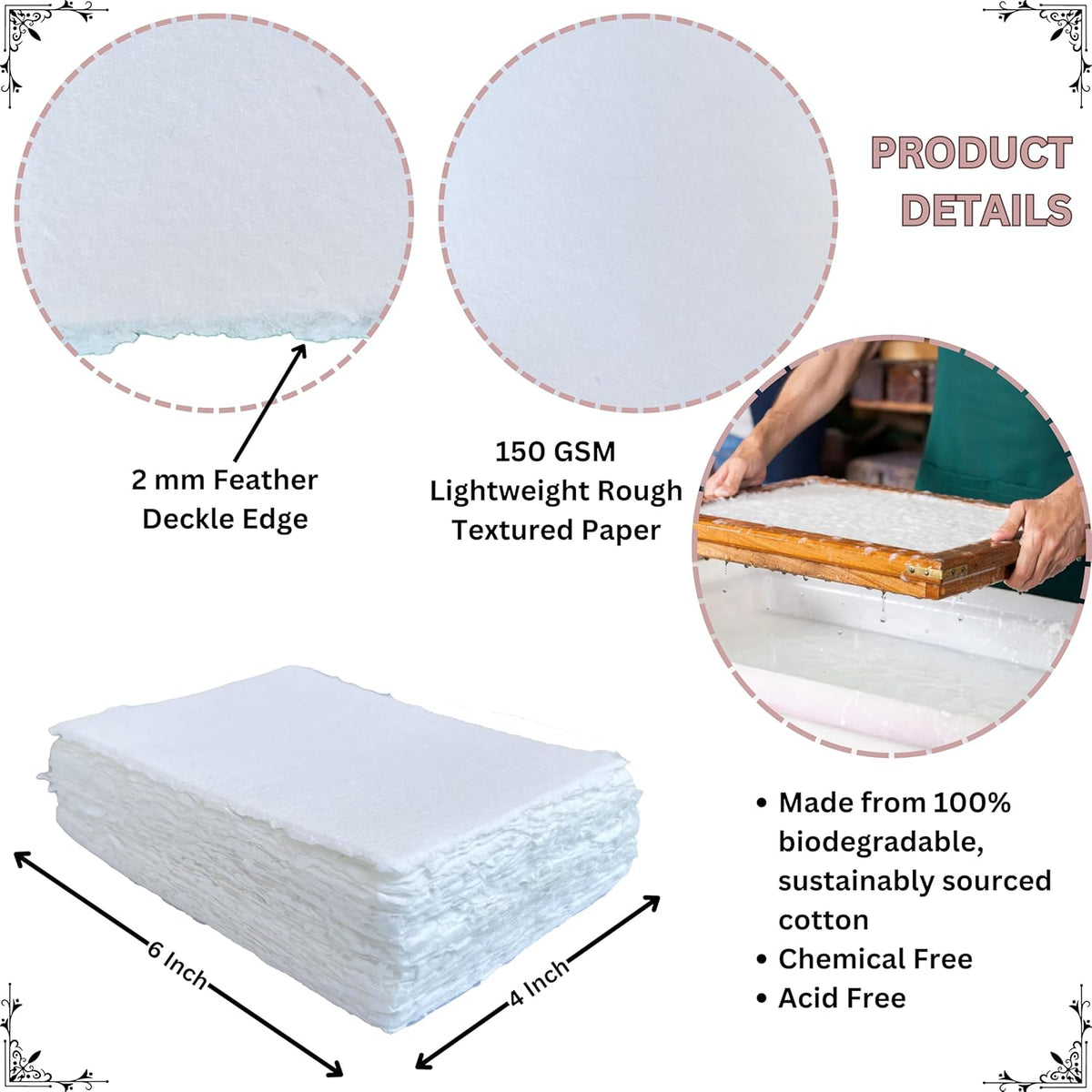 Handmade Deckle Edge Blank Paper - Mixed Media Loose Leaf Paper for Postcards, Invitations, Crafts and Announcements - White Color - Package of 50 - Thick 150 GSM - 4 x 6
